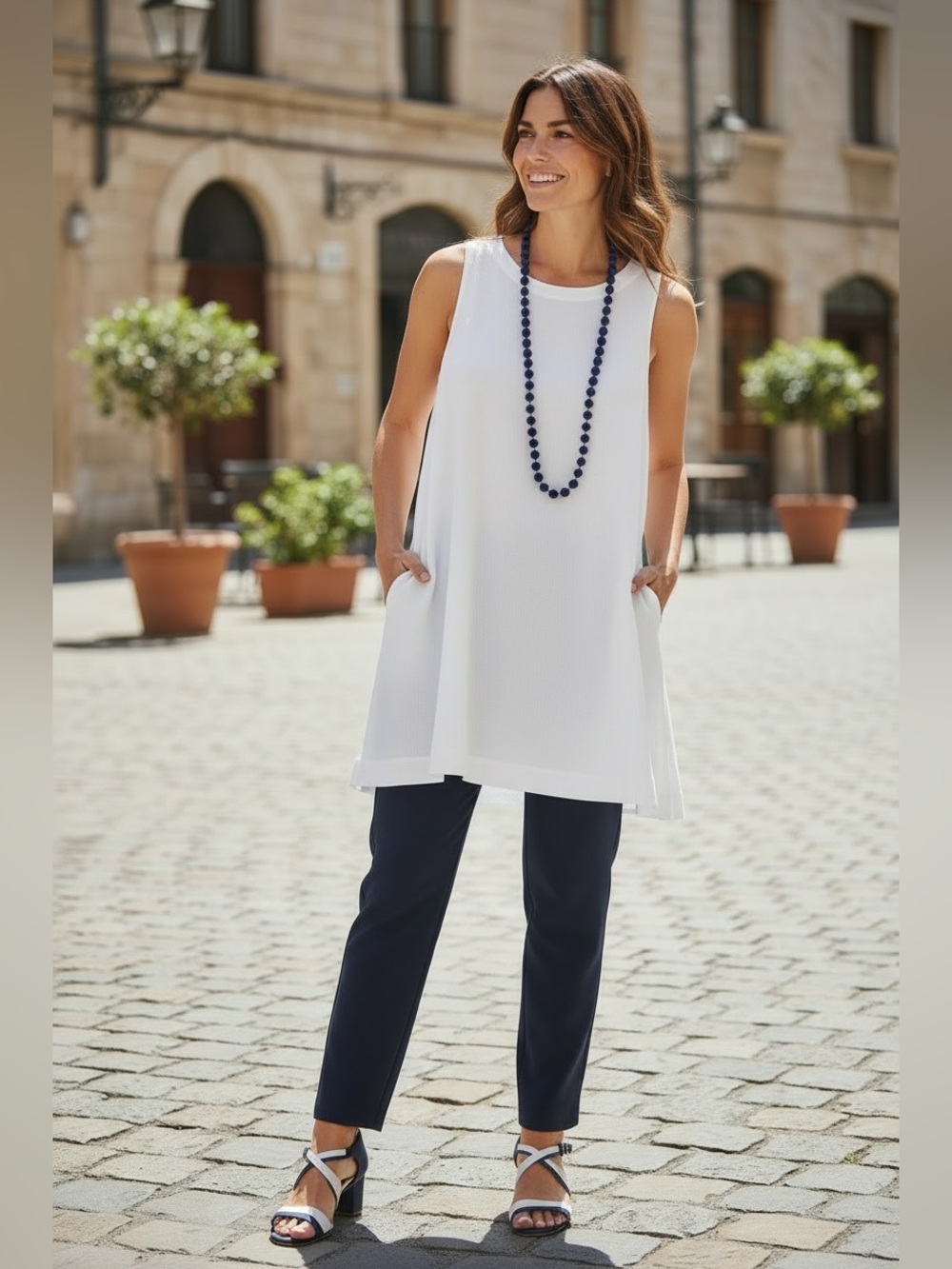 PURE JILL J Jill 100% Linen White Tunic Top Pockets M/L Minimalist Quiet Luxury